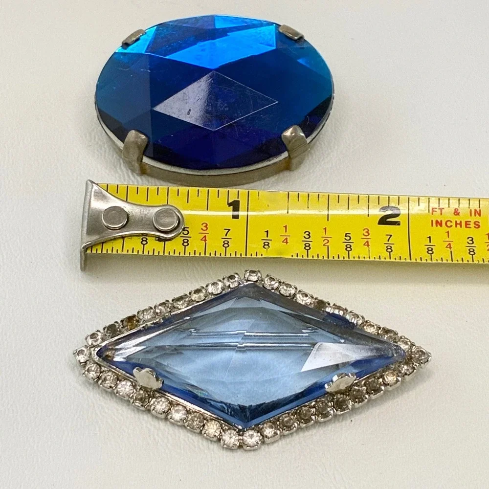 Vintage Brooch Set Blue Rhinestone Mid Century Faceted Silver Tone Jewelry READ